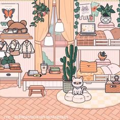 a room filled with lots of furniture and plants on the windowsill, along with a cat sitting in front of a potted cacti