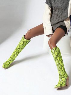 Experience the ultimate combination of style and comfort with Wild West Wonders: Green Snakeskin Print Knee-High Cowboy Boots for Women. These boots feature a unique snakeskin print design and a knee-high length perfect for any fashion-forward cowgirl. Crafted with high-quality materials, these boots will keep your feet protected and looking stylish all day long. Color : Green Closure Type : Side zipper Insole Material : Fabric Lining Material : Fabric Outsole Material : PU Leather Upper Material : PU Leather Trendy Snake Print Boots For Spring, Fitted Snake Print Boots For Spring, Fitted Snake Print Spring Boots, Knee High Cowboy Boots, Cowboy Boots For Women, Chunky Heeled Boots, Open Toe High Heels, Stiletto Boots, Summer Chic