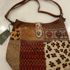 Myra Handbag Multi Color And Multi Material Brown Bag Handmade Bags Boho, Tooled Leather Handbags, Tapestry Handbags, Bag Patches, Bag Y2k, Tapestry Bag, Leather Patchwork, Brown Bag, Halloween Food