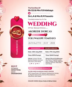 an advertisement for a wedding event with two rings and flowers on the front, in pink