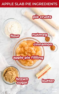 the ingredients for apple slab pie in bowls on a marble counter top with text overlay