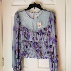 Nwt Very Nice Fresh Top. Casual Lavender Blouse With Floral Print, Feminine Lavender Floral Print Top, Feminine Purple Top With Floral Print, Spring Mauve Tops With Floral Print, Spring Purple Floral Print Blouse, Fitted Lavender Blouse For Spring, Fitted Purple Floral Print Blouse, Fitted Mauve Blouse For Spring, Chic Long Sleeve Lavender Blouse