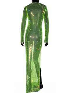 Neon green rhinestone embellished see-through maxi dress. This dress is one size. Size Bust: 29”-38” Hip: 35”-38” Length: 58” Embellished Maxi Dress For Party, Green Sheer Maxi Dress, Green Sheer Maxi Length Dress, Glamorous Green Club Dress, Glamorous Green Dress For Club, Green Long Dress For Night Out, Glamorous Green Evening Maxi Dress, Green Maxi Dress For Party Season, Glamorous Embellished Green Maxi Dress