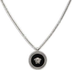 White Gold Necklace With Silver-tone Logo Plaque, Elegant Metal Necklace With Silver-tone Logo, Formal Silver Jewelry With Logo Charm, Designer Silver Jewelry With Logo Charm, Elegant Silver Necklaces With Silver-tone Logo Plaque, Elegant Silver Necklace With Silver-tone Logo Plaque, White Gold Necklace With Black Enamel, Formal Silver Necklace With Logo Charm, Elegant Silver Necklace With Logo Charm