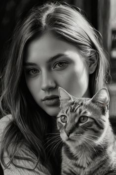 a black and white photo of a woman holding a cat