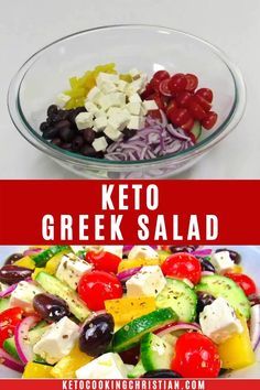 the ingredients for keto greek salad in a glass bowl