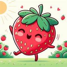 a cartoon strawberry running in the grass