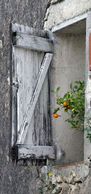 an orange plant is growing out of the window sill in front of a stone building