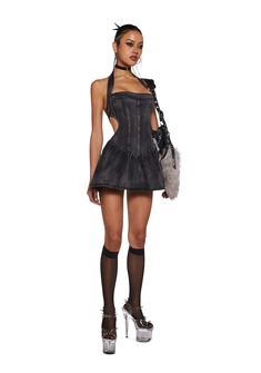 This mini dress has a denim construction, a washed finish, a halter neckline with an adjustable buckle closure, paneling, cut out details, and a back zipper closure. Edgy Mini-length Corset Dress For Spring, Edgy Mini Length Corset Dress For Spring, Black Denim Mini Dress For Night Out, Black Denim Mini Dress, Halloween Costume Boots, Black Halter Dress, New Dresses, Outerwear Outfit, Halter Mini Dress