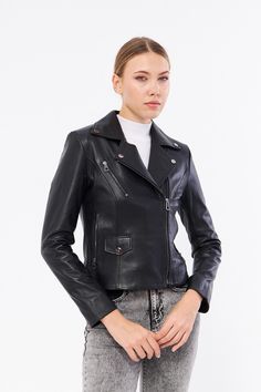 BLACK Genuine Leather Jacket , Our products are 100% genuine leather; It is produced in master hands with quality materials and delicate hand workmanship. Leather Biker Jacket For Business, Elegant Black Leather Biker Jacket, Lambskin Leather Blazer, Womens Black Leather Jacket, Lamb Leather Jacket, Black Leather Biker Jacket, Black Leather Coat, Jackets Women, Womens Jackets