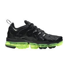 Find NIKE Air Vapormax Plus ' Volt on Editorialist. The Nike Air VaporMax Plus 'Black Volt' sneaker adds a splash of neon green to a glossy black upper for an elevated touch on the innovative silhouette. The hybrid design borrows from the Air Max Plus and the VaporMax and introduces a revamped Air unit, skillfully attached directly to the upper—without foam—allowing the foot to feel the responsive, springy step more than ever before. Rubber pods are placed strategically in high-wear areas to help enhance durability. Nike Air Max Vapormax Plus, Air Max Vapormax Plus, Mens Vapormax Nike, Nike Vapormax Black, Vapormax Plus Black, Nike Air Max Vapormax Flyknit, Air Vapormax Plus, Nike Air Vapormax Plus, Hybrid Design