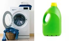 a green bottle next to a washing machine and a laundry detergent on the floor