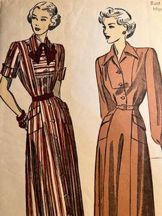 "Shirtwaist dress has semi-fitted yoked button front bodice with bust darts and soft gathers at yoke back and at waistline.  Optional long sleeves with buttoned cuffs or short sleeves with cuffs. Flared 4 gore skirt attaches to bodice at waistline.  Size 20 Bust 38\" Waist 32\" Hip 41\" Pattern tissue is not printed but is perforated with letters to identify pattern pieces. The previous owner added written instructions in pencil on most of the pattern pieces to make layout and construction easie Classic Lined Vintage Dress For Daywear, Vintage Dresses With Buttons For Work, Vintage A-line Dress For Work, Classic Vintage Dress For Daywear, Lined, Lined Vintage Dress For Work, Retro Dresses With Pleated Waist For Daywear, Retro Workwear Dresses With Pockets, Fitted Vintage Dress With Buttons For Daywear, Daywear Dresses With Buttons And Collar