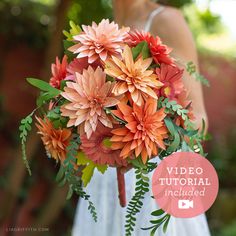 a woman in a white dress holding a bouquet of flowers with the words video tutor included