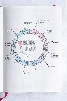 an open book with the words birthday tracker on it