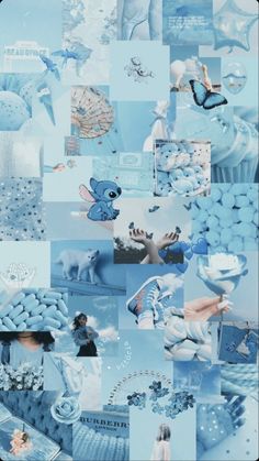 a collage of blue and white images