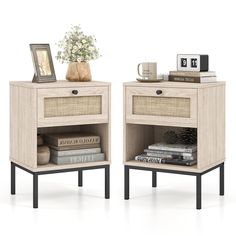 two nightstands side by side with books and flowers on each shelf, one is empty