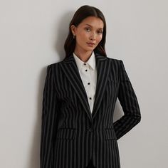 Slender fiber-dyed stripes unite with peak lapels and a single-button silhouette to create this streamlined blazer which is crafted with soft stretch-infused wool-blend twill for a polished look. “Lauren Ralph Lauren”–engraved horn-effect buttons offer added sophistication. Luxury Ralph Lauren Blazer With Notch Lapel, Blazer For Women, Ralph Lauren Purple Label, Ralph Lauren Collection, Casual Coat, Guest Outfit, Formal Shirts, Black Blazers, Polished Look