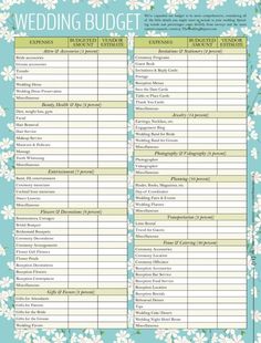 the wedding budget sheet is shown in blue and white with flowers on it, as well as