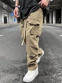 Caqui Calle Collar  Tela tricotada Liso Pantalones cargo Embellished No-Elástico Khaki Cargo Pants Outfit Men, Men Cargo Pants Outfit, Khaki Cargo Pants Outfit, Wingtip Oxford Shoes, Red Jordans, Khaki Cargo Pants, Casual Cargo Pants