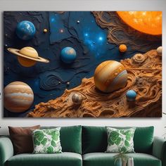 a living room with couches and paintings on the wall, including an image of planets