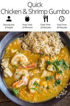 chicken and shrimp gumbo in a bowl with rice