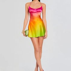 Summertime Silk Has Arrived! Retrofete’s Mini Ombr Pink, Lime Green, Orange, Yellow Dress Is A Must Have For Your Summer Cocktail Party Or Date Night. Vibrant Halter Neck Party Dress, Multicolor Satin Party Dress, Multicolor Satin Dress For Party, Fitted Multicolor Satin Dress, Multicolor Mini Dress For Summer Evenings, Summer Evening Multicolor Mini Dress, Multicolor Mini Dress For Summer Cocktail, Vibrant Fitted Mini Dress For Party, Multicolor Mini Dress For Summer Cocktail Parties