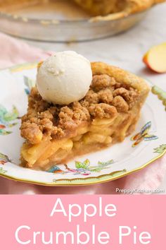 a slice of apple crumble pie on a plate