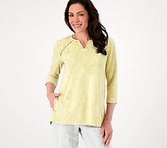 Laid back and looking fine as can be! This French terry knit top has an acid-wash print to snazz up your stylish loungewear. From LOGO by Lori Goldstein®. Cotton Washed Tops For Loungewear, Cotton Loungewear Tops Washed, Spring Cotton Bleached Tops, Tie Dye Tops For Spring Loungewear, Spring Tie Dye Tops For Loungewear, Spring Tie-dye Tops For Loungewear, Spring Casual Bleached Tops, Casual Bleached Tops For Spring, Comfortable Acid Wash Top For Loungewear