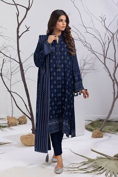 Unstitched Cotton Lawn Suit In Indigo, Unstitched Indigo Cotton Lawn Suit, Casual Long-sleeved Lawn Suit For Work, Casual Long Sleeve Lawn Suit For Work, Workwear Floral Print Lawn Suit, Indigo Long Sleeve Lawn Suit, Floral Print Long Sleeve Lawn Suit For Work, Cotton Lawn Suit With Printed Motifs In Indigo, Indigo Cotton Lawn Suit With Printed Motifs