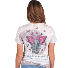 Pre-shrunk and ring-spun 100% cotton with ribbed crew neckline. Unisex sizing. Pink Butterfly Wings, Elephant Shorts, Elephant Shirt, Simply Southern Tees, Grey Tie Dye, Tie Dye Shorts, Simply Southern, An Elephant, Womens Tie