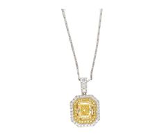 1.47 Carat total natural fancy yellow diamond pendant with a double diamond halo or round white and yellow diamonds in two tone 18k gold. Featuring a GIA certified VVS2 radiant cut 1.05 carat fancy yellow diamond center stone. 4-prong set with pave/prong set halo side stones.  Details:  ✔ Item Type: Necklace Pendant  ✔ Metal: 18k White and Yellow Gold ✔ Weight: 2.76 grams ✔ Setting: Prong  Stone Details: ✔ Gemstone: Yellow Diamond ✔ Carat: 1.05 ✔ Color: Yellow ✔ Cut: Rectangular brilliant (radia Yellow Diamond Jewelry With Brilliant Cut, Yellow Diamond Fine Jewelry Necklace, Yellow Diamond Necklace In Fine Jewelry Style, Fine Jewelry Yellow Halo Setting Jewelry, Fine Jewelry With Halo Setting In Yellow, Fine Jewelry Yellow Diamond Necklace, Fine Jewelry With Yellow Halo Setting, Yellow Diamond Necklace With Brilliant Cut, Yellow Diamond Jewelry With Single Cut Diamonds