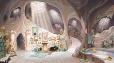 this is an artistic rendering of a living room in a cave like building with stairs and paintings on the walls