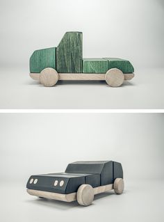 two photographs of a toy car made out of wood and paper, one is black and the other is green