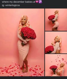 a woman in a pink dress holding red roses