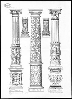 four different types of columns with designs on the top and bottom, from an old book