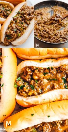 three pictures show different types of hot dogs with meat and vegetables in buns next to each other