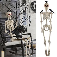 a skeleton sitting on a chair next to a tree