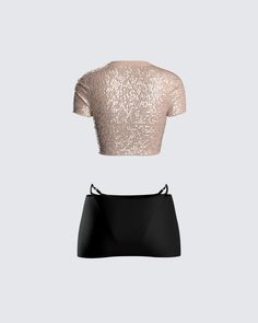 Simple, yet significant ✨ A night out is calling in this two-piece set featuring a beige sequin cropped top, paired with a black mini skirt - the perfect fit to outshine them all 🤩 Fitted Mini Length Skirt With Fake Two-piece Detail, Party Mini Skirt With Fake Two-piece Detail, Luxury Fitted Mini Skirt With Contrast Sequin, Luxury Sequined Cropped Top, Luxury Sequin Mini Skirt, White Corset Dress, Chain Dress, Yellow Mini Dress, Sequin Crop Top