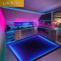 a room that has some lights on the walls and floors in it, with blue lighting