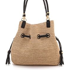 Natural Straw, Black Double Handle. New With Tag Woven Double Handle Bags For On-the-go, Brown Straw Bag With Gold-tone Hardware, Brown Straw Bag With Double Handle And Gold-tone Hardware, Eco-friendly Handwoven Brown Bucket Bag, Eco-friendly Natural Fiber Bucket Bag With Open Weave, Straw Handbags, Tan Brown, Shoulder Bags, Straw