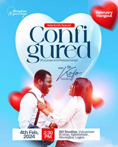 a poster for a valentine's day event with two people in front of a heart - shaped balloon