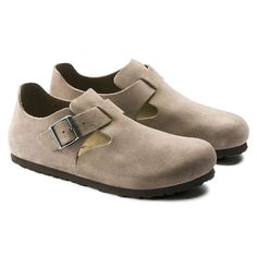 London Suede Leather Birkenstock London, Taupe Shoes, Mens Clogs, European Shoes, Clogs Style, Birkenstock Shoes, Womens Clogs, The London, Suede Shoes