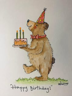 a drawing of a bear holding a birthday cake