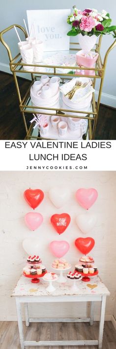 an easy valentine's day party with heart shaped balloons and cupcakes on the table