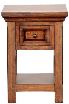 a small wooden table with one drawer on the top and two shelves below it, against a white background