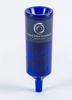 a blue cup is sitting on top of a white surface with the words national action technologies printed on it