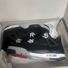 Used Once. Black Breathable Air Jordan 4 Lace-up, Gray Low-top Air Jordan 4 For Sports, Casual Black Air Jordan 4 With Air Cushioning, Black Air Jordan 4 High-top Breathable, Black Breathable High-top Air Jordan 4, Black Breathable Lace-up Jordan Shoes, Air Jordan 4 Black Synthetic For Streetwear, Black Air Jordan 4 High-top With Air Cushioning, Black Air Jordan 4 With Boost Midsole