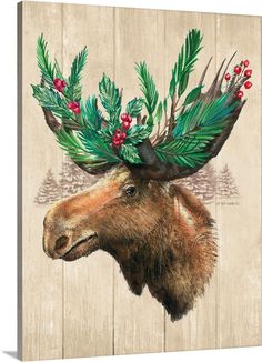 a moose with christmas decorations on its head