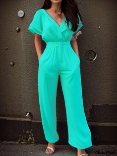 Olivia Mark - Elegant Solid Color Short-Sleeved Jumpsuit with Waist Tie Green V-neck Jumpsuit For Work, Green Short Sleeve Jumpsuit With Pockets, Summer Short Sleeve Solid Color Jumpsuits And Rompers, Green Fitted Short Sleeve Jumpsuit, Green Short Sleeve Jumpsuits And Rompers, Elegant Short Sleeve Solid Color Jumpsuit, Fitted Green Jumpsuits And Rompers For Work, Green Fitted Jumpsuits And Rompers For Work, Casual Green Jumpsuits And Rompers For Work